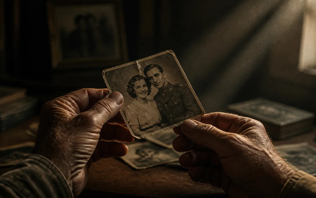 An elderly pair of hands holding a small vintage photo of a smiling couple, one in a military uniform, in a dim, warm-lit room.