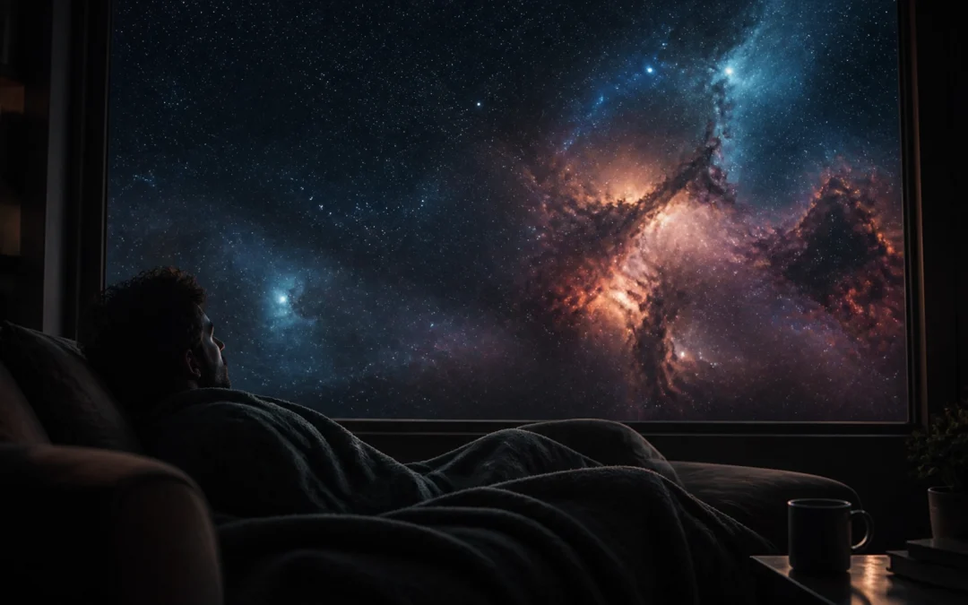 Person cuddled under a blanket on a sofa, looking out at a vivid nebula and starry night through a large window.