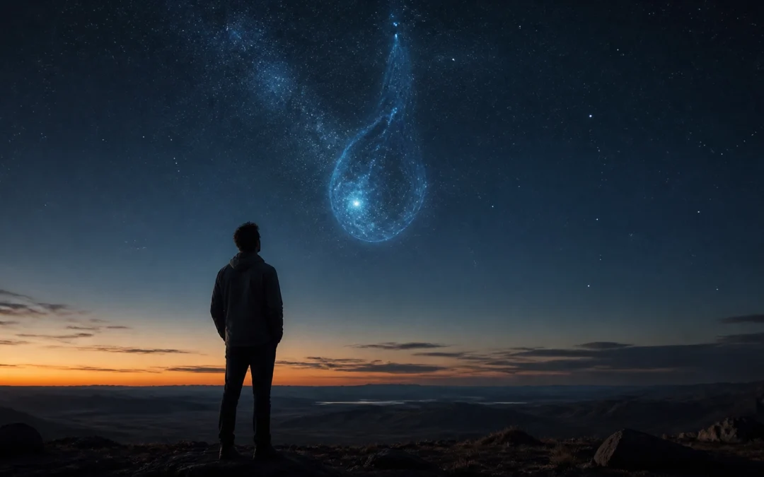 A person stands on a hill at dusk, looking up at a large, glowing blue teardrop-shaped nebula in a star-filled sky.