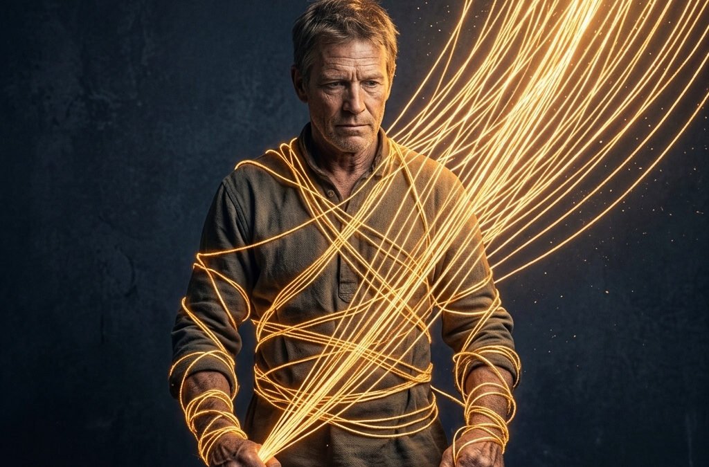 Man stands in a dark room wrapped in glowing orange light trails, creating a dramatic artistic effect.