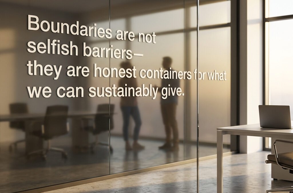 Glass-walled conference room with a large quote: 'Boundaries are not selfish barriers — they are honest containers for what we can sustainably give.' and a desk with a laptop nearby.