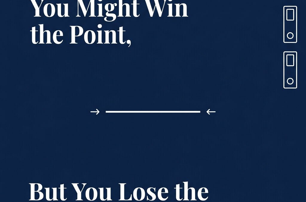 Poster-style graphic with a dark blue background, yellow dots along the top, and white serif text: 'You Might Win the Point, But You Lose the Space Between You.' The word 'Space' is highlighted in yellow. Horizontal arrows indicate spacing theme on center-right.