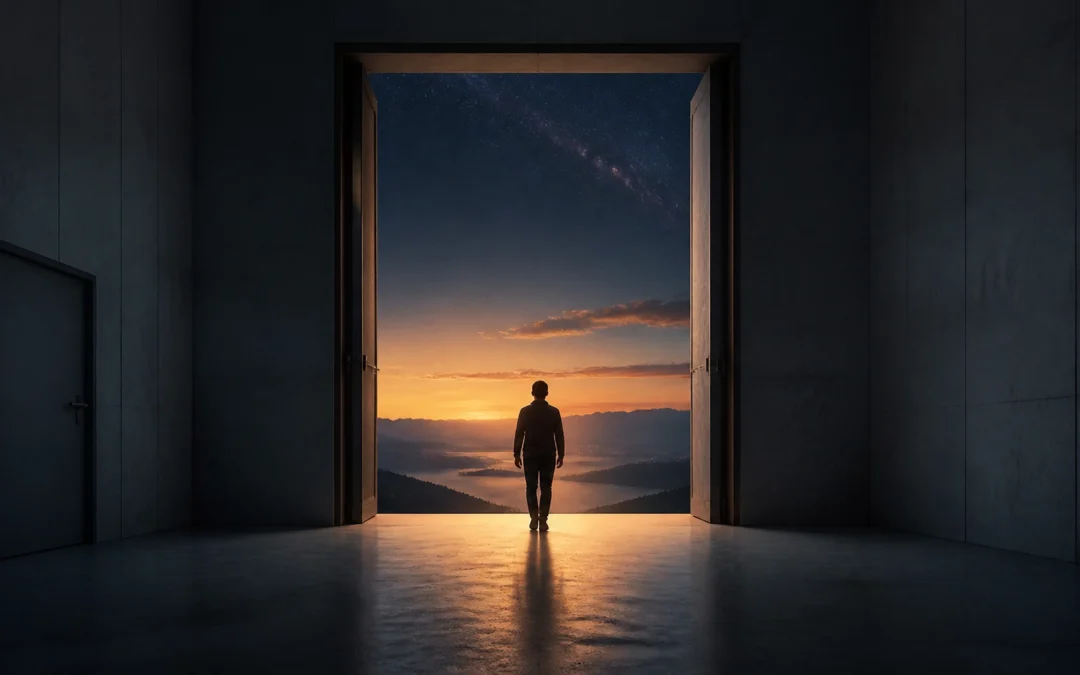 Person silhouetted at a doorway opening to a sunset over mountains and water, with a starry night sky above.