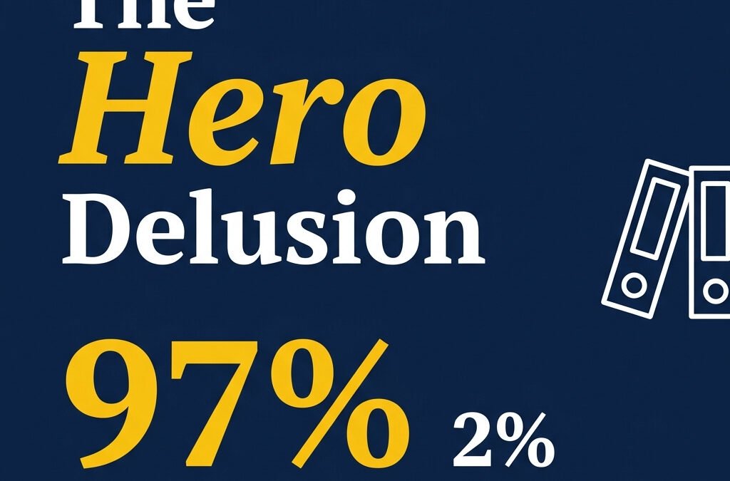 Infographic titled The Hero Delusion showing 97% leaders say yes and 2% teams agree on a dark blue background with yellow accents.