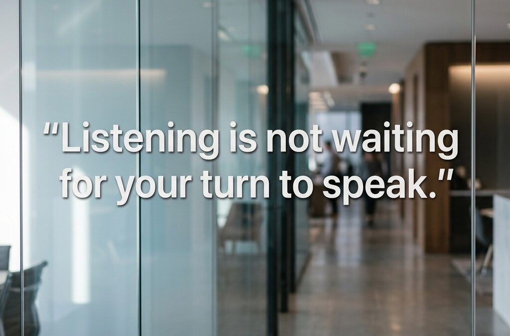 Glass-walled office hallway with a large quote: 'Listening is not waiting for your turn to speak.'