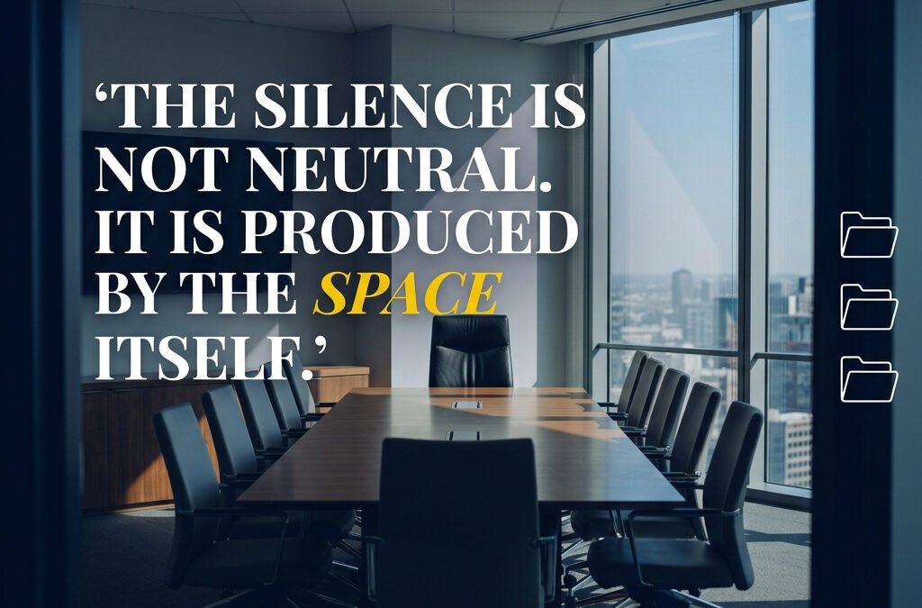 In a glass-walled boardroom, a bold quote reads “The silence is not neutral. It is produced by the space itself,” with the word SPACE highlighted in yellow and yellow dots at the top.