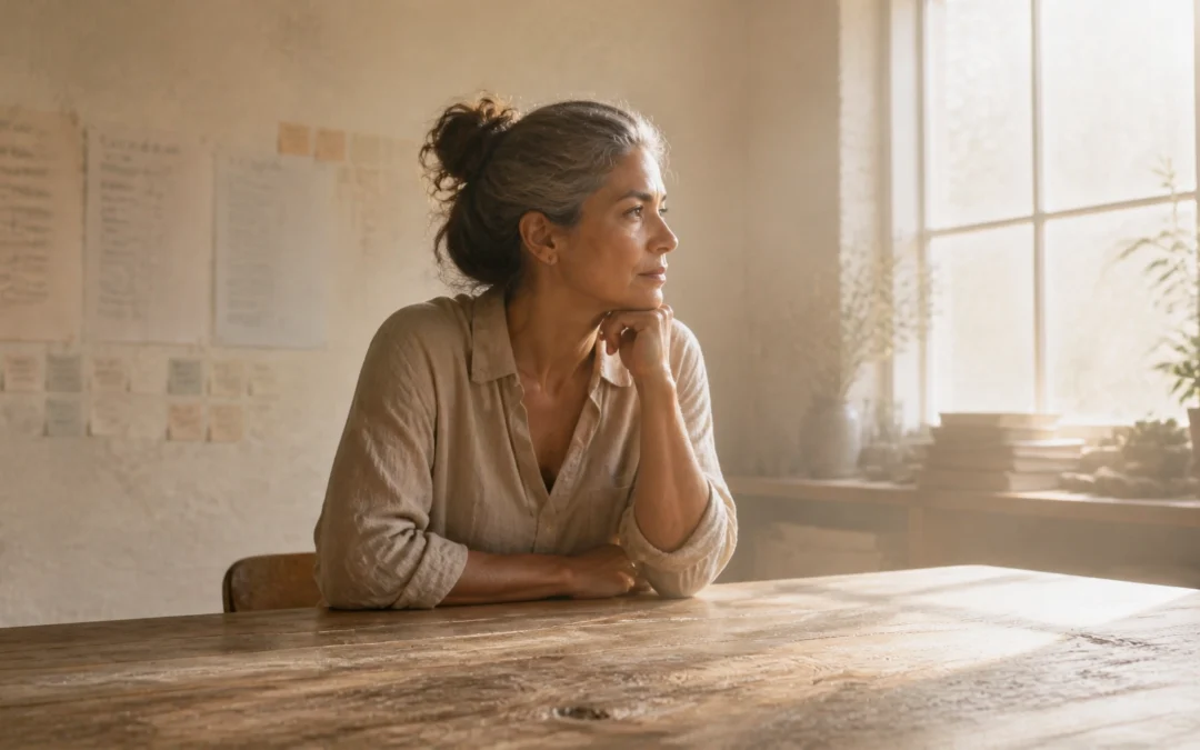 A thoughtful woman with gray hair tied in a bun sits at a wooden table, chin resting on her hand, looking to the right in a sunlit room.