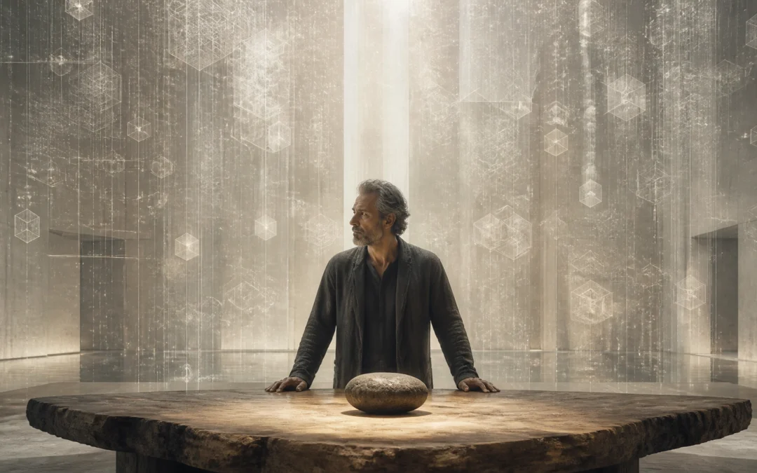 Man with gray hair and beard stands at a round stone table, forearms resting on the edge, a single stone centerpiece before him in a dim futuristic chamber with glowing geometric shapes overhead.