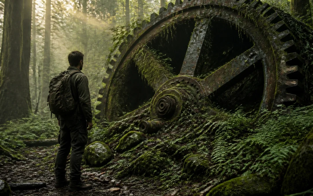 Hiker with backpack stands in a mossy forest, facing a huge rusted gear partially buried by ferns.