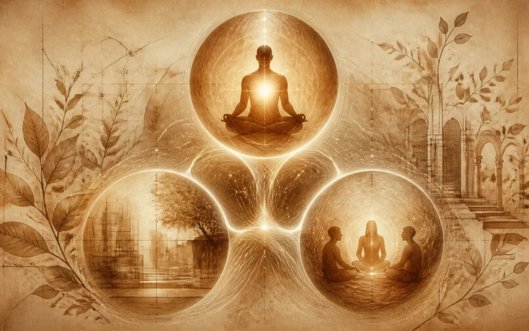 Sepia-toned abstract scene with three meditating figures inside glowing orbs connected by radiant energy lines.