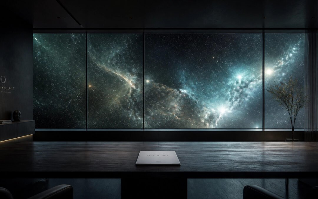 Dark, minimalist room with a galaxy-filled window panorama and a closed white book on a wooden table.