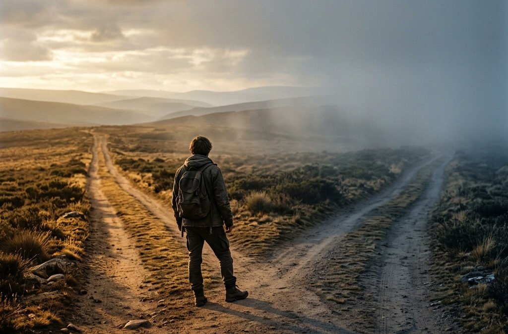 Hiker with backpack stands at a fork in a dirt road across a moor at sunset mist.