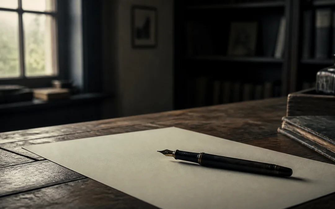 A fountain pen rests on a blank sheet of paper on a wooden desk in a dim, vintage study setting