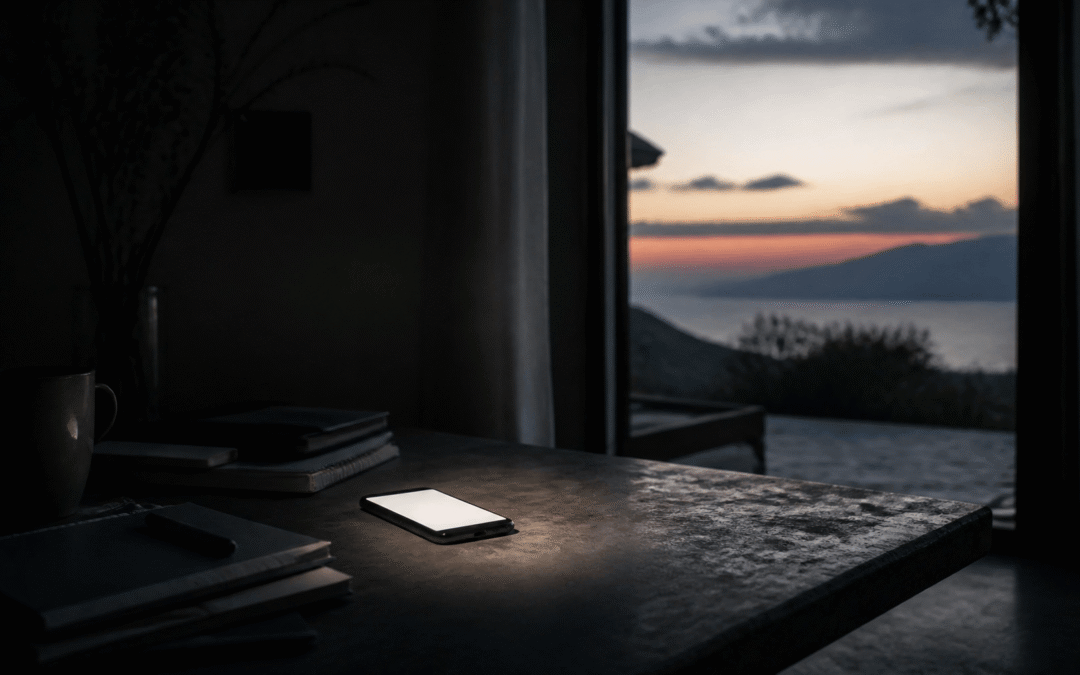 Dim desk by window at dusk with a glowing smartphone on a wooden table, coffee mug, and notebooks; sunset over hills and water outside
