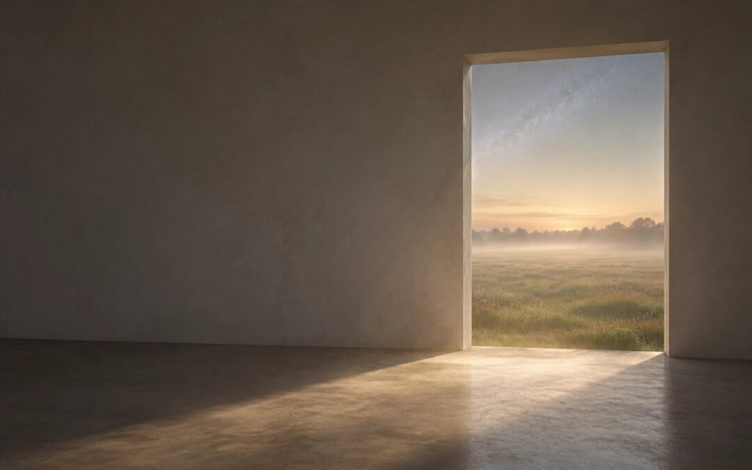 Open doorway overlooking a sunlit landscape