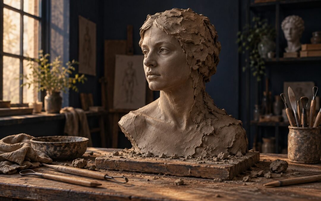 An unfinished clay bust on a sculptor’s workbench in warm window light.
