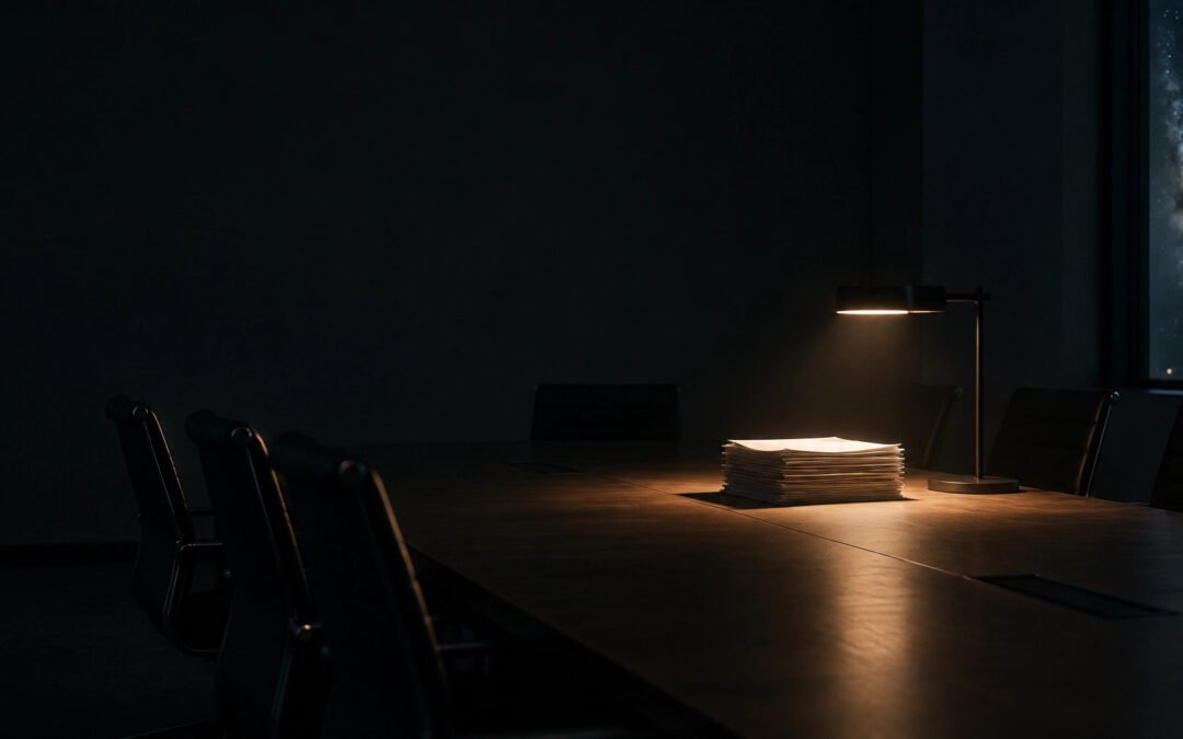 Desk lamp illuminating a stack of papers in a dark room